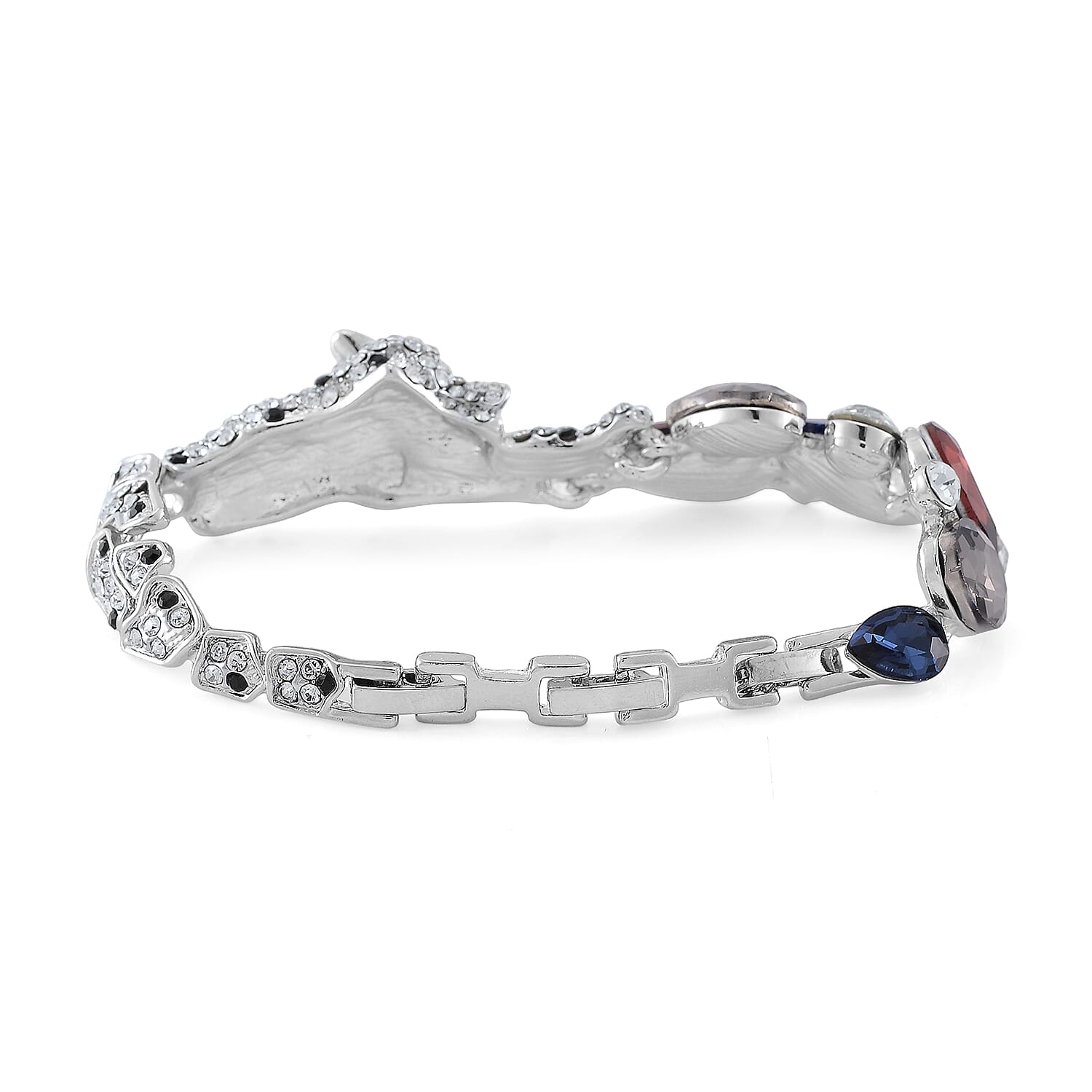 Simulated Multi Gemstone and Austrian Crystal Panther Bracelet in Silvertone (7.50 In)