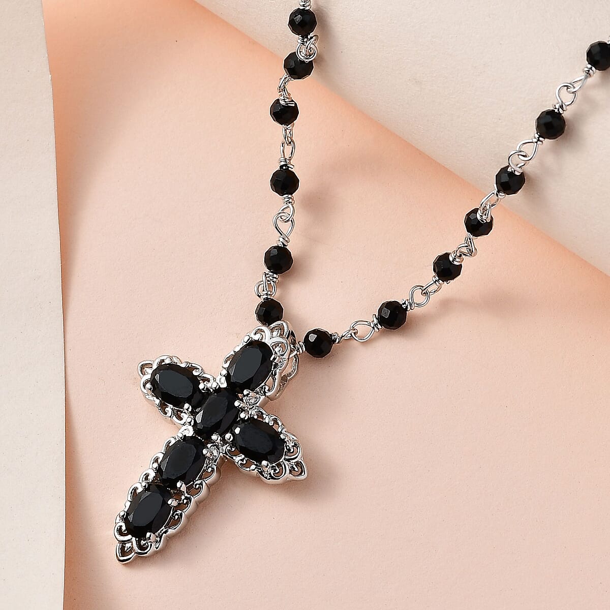 Karis Thai Black Spinel Cross Necklace 18 Inches in Platinum Bond 16.75 ctw image number 1
