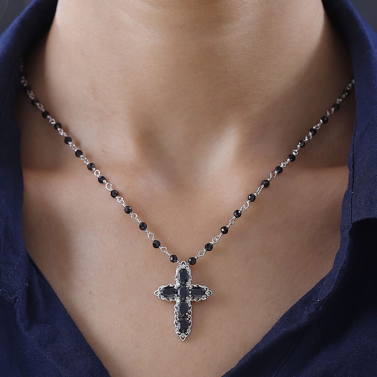 Karis Thai Black Spinel Cross Necklace 18 Inches in Platinum Bond 16.75 ctw image number 2