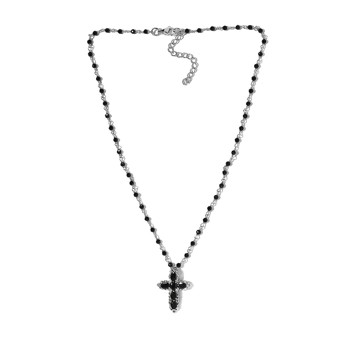 Karis Thai Black Spinel Cross Necklace 18 Inches in Platinum Bond 16.75 ctw image number 3