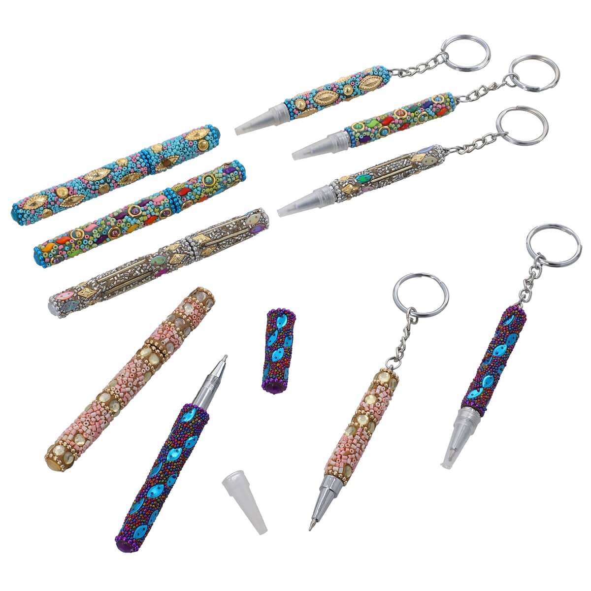 Set of 10 Multi Color Beaded Pen and Keychain | Best Refillable Ballpoint Pen | Beadable Decorative Pen image number 0