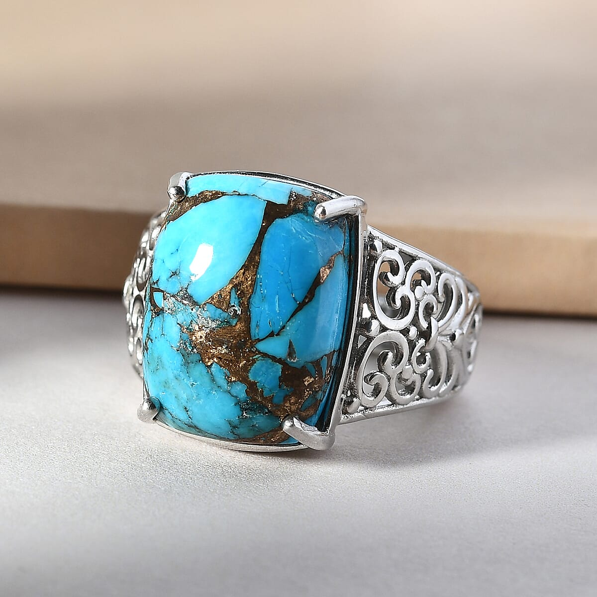 Matrix Chestnut Brine Turquoise Solitaire Ring in Platinum Over Copper With Magnet (Size 9.0) 10.40 ctw image number 1