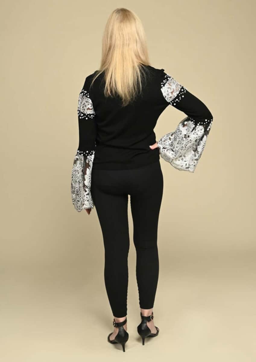 Tamsy Black Knit Cardigan with White Lace Detail - XS image number 1