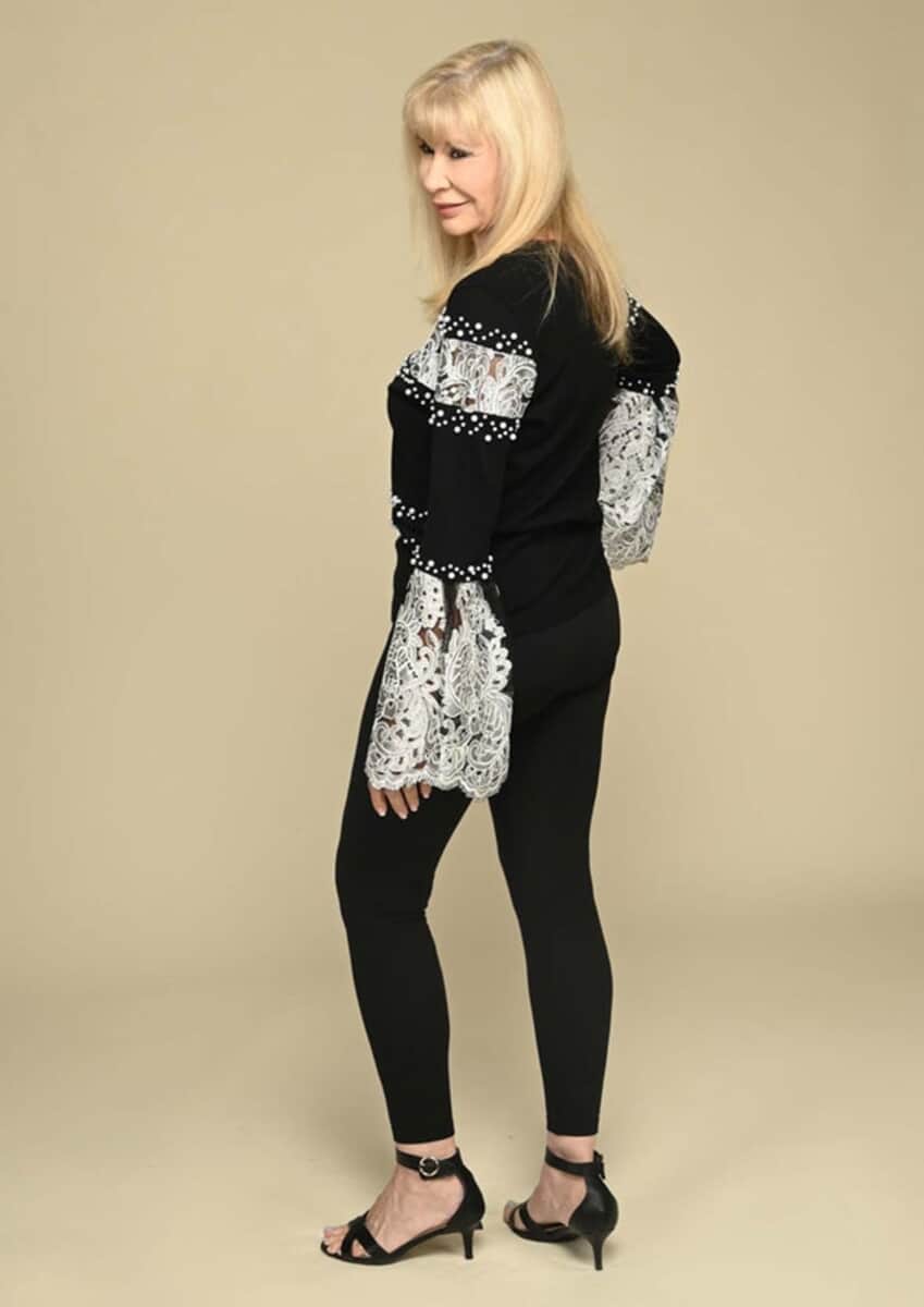 Tamsy Black Knit Cardigan with White Lace Detail - XS image number 2
