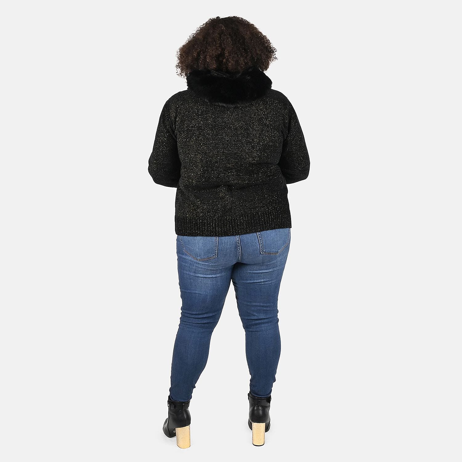 Tamsy Black Santa Christmas Sweater with Removable Fur Trim - S