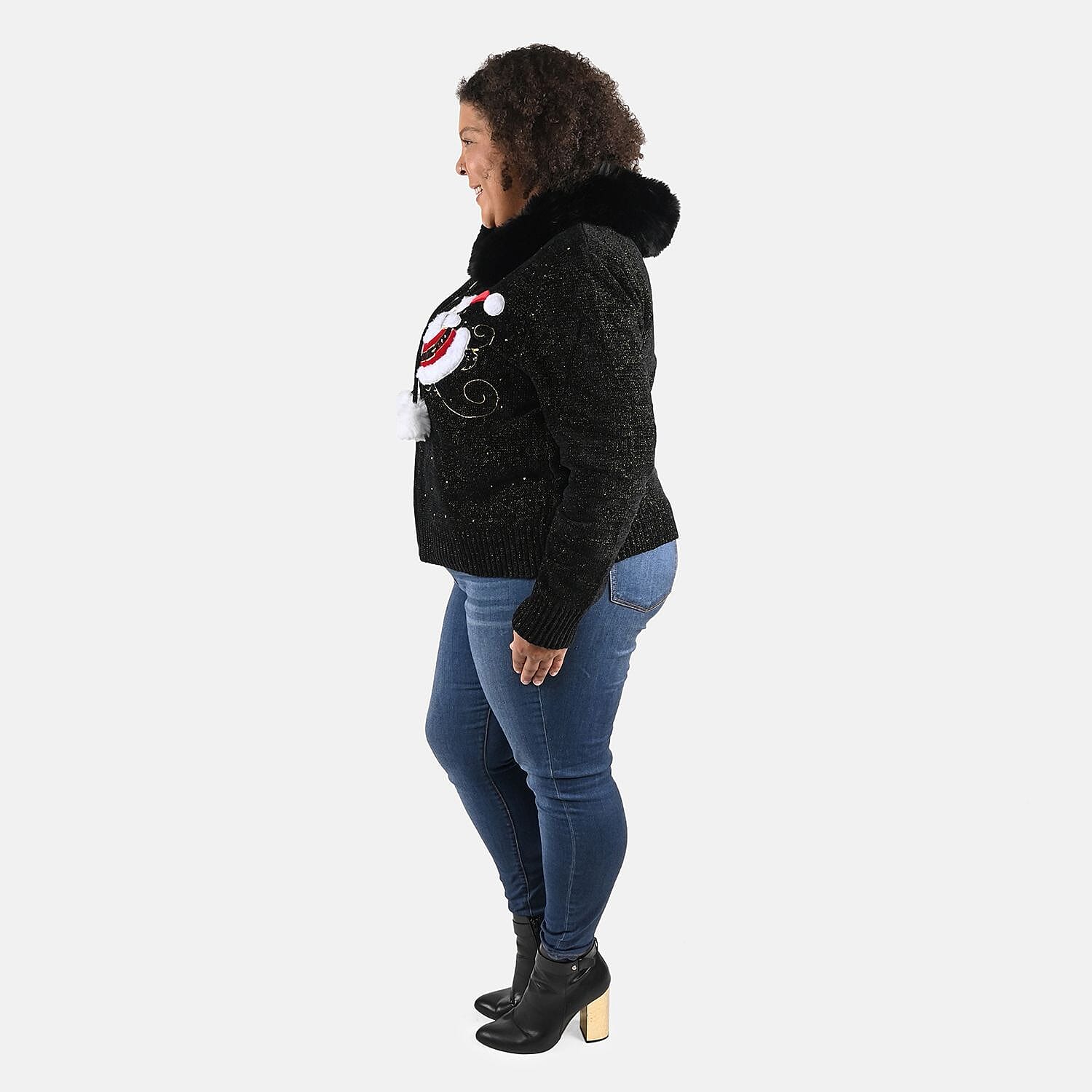 Tamsy Black Santa Christmas Sweater with Removable Fur Trim - S