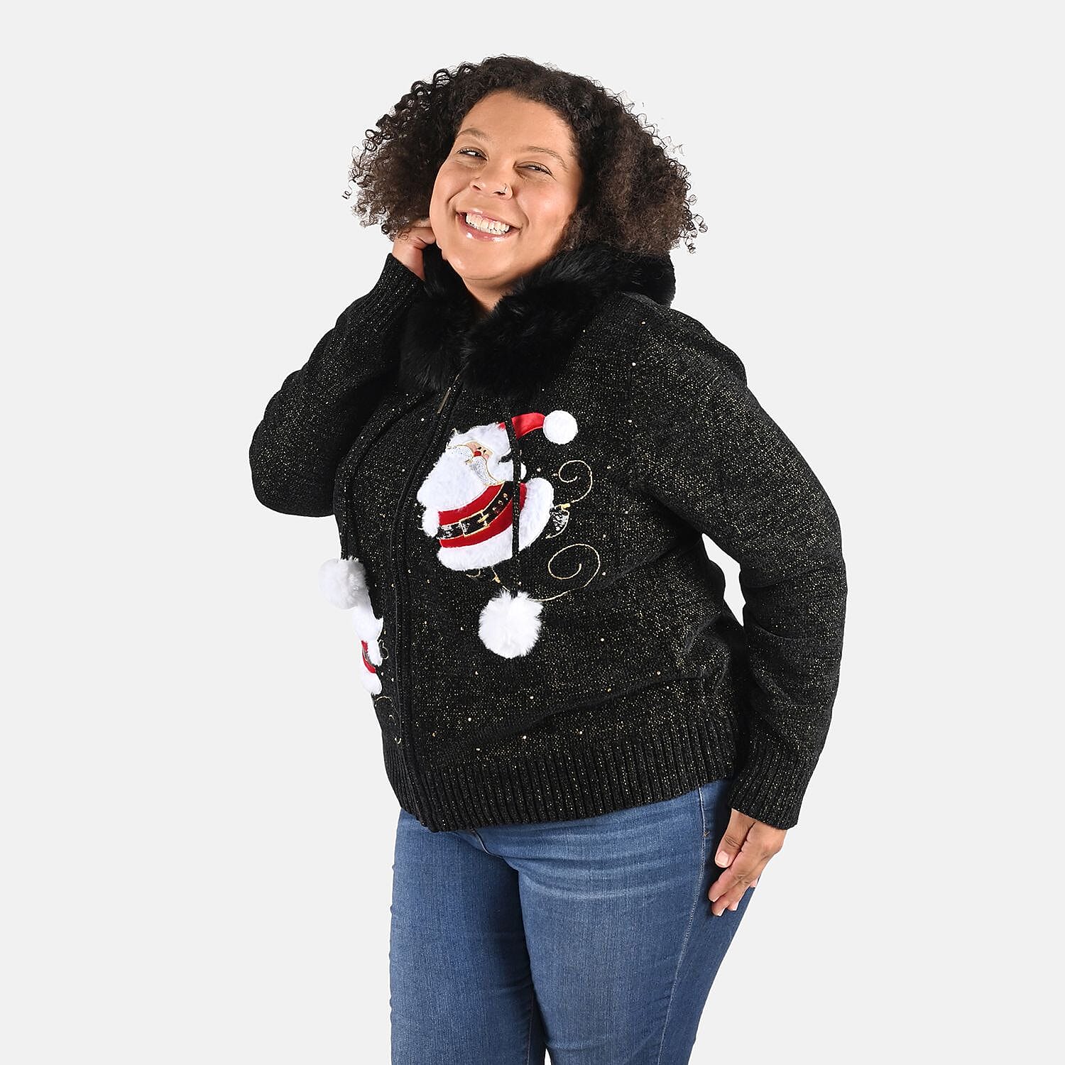 Tamsy Black Santa Christmas Sweater with Removable Fur Trim - S