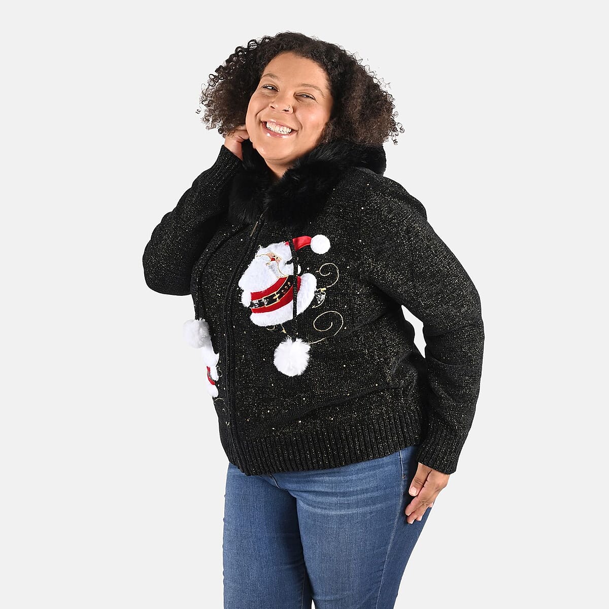 TAMSY Black Santa Christmas Sweater with Removable Fur Trim - S image number 3