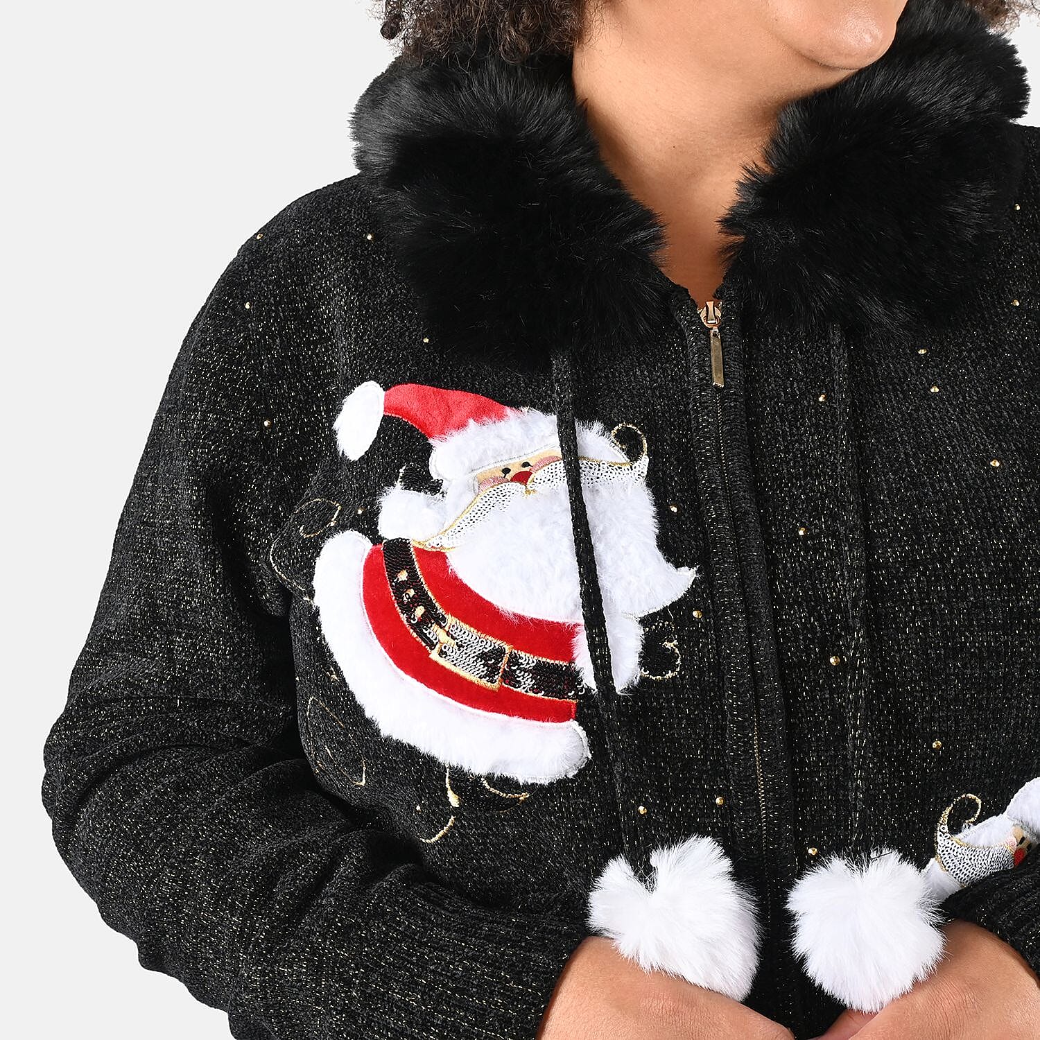 Tamsy Black Santa Christmas Sweater with Removable Fur Trim - S