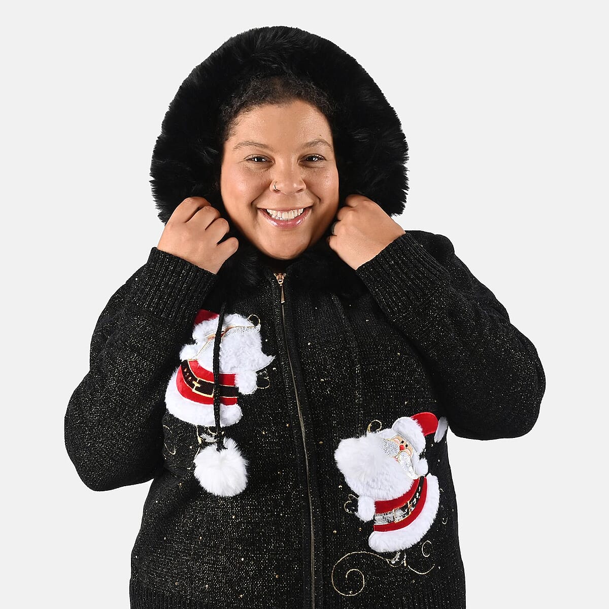 Tamsy Black Santa Christmas Sweater with Removable Fur Trim - L image number 4