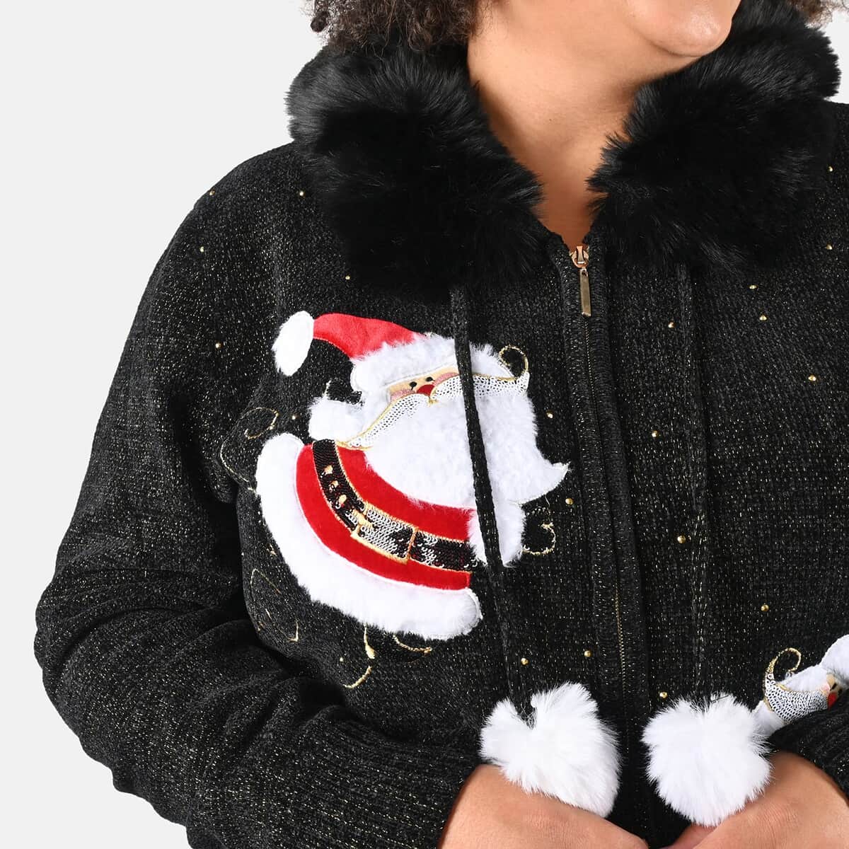 Tamsy Black Santa Christmas Sweater with Removable Fur Trim - 3X image number 5