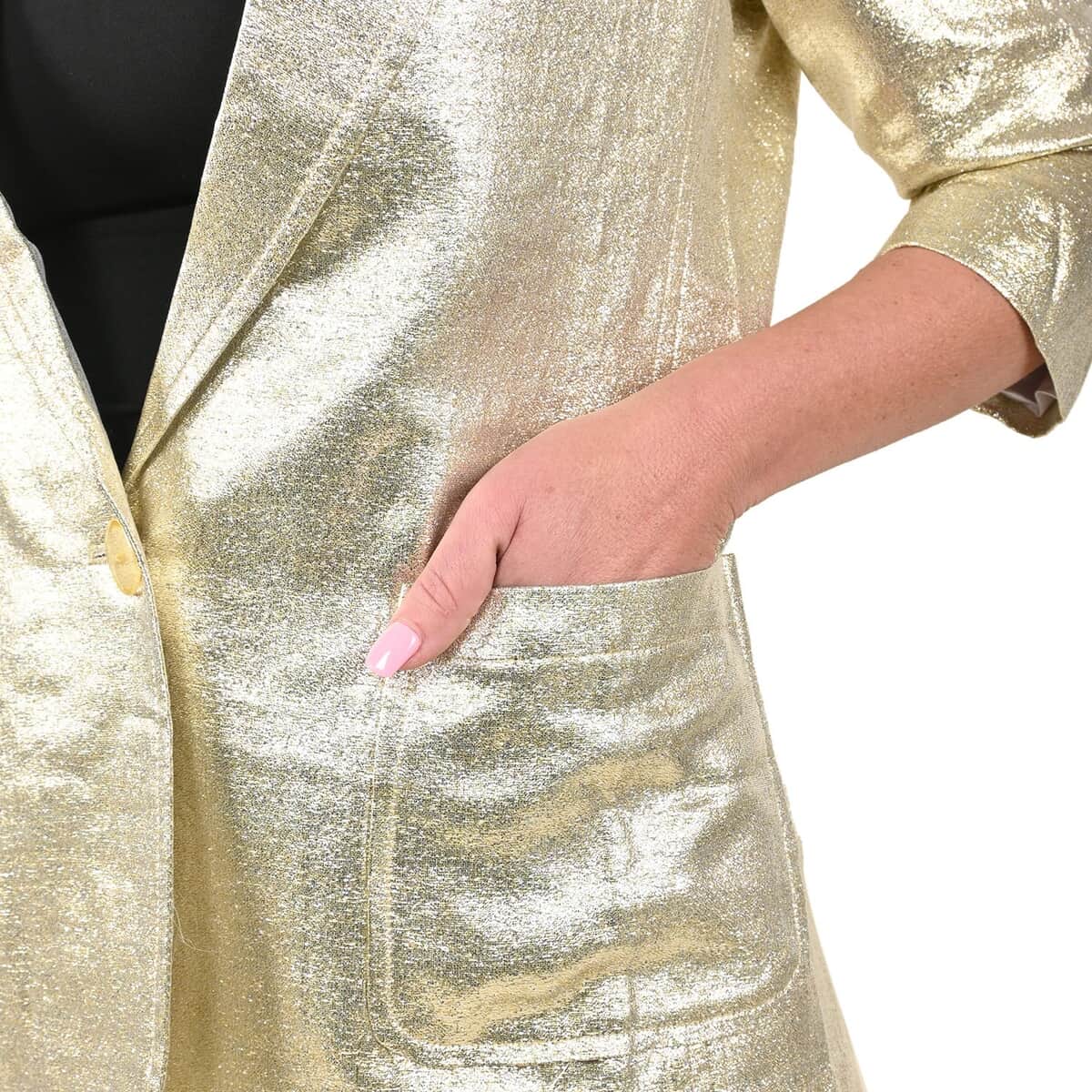 Tamsy Gold Metallic Women's Blazer Jacket with Front Pocket - S image number 3