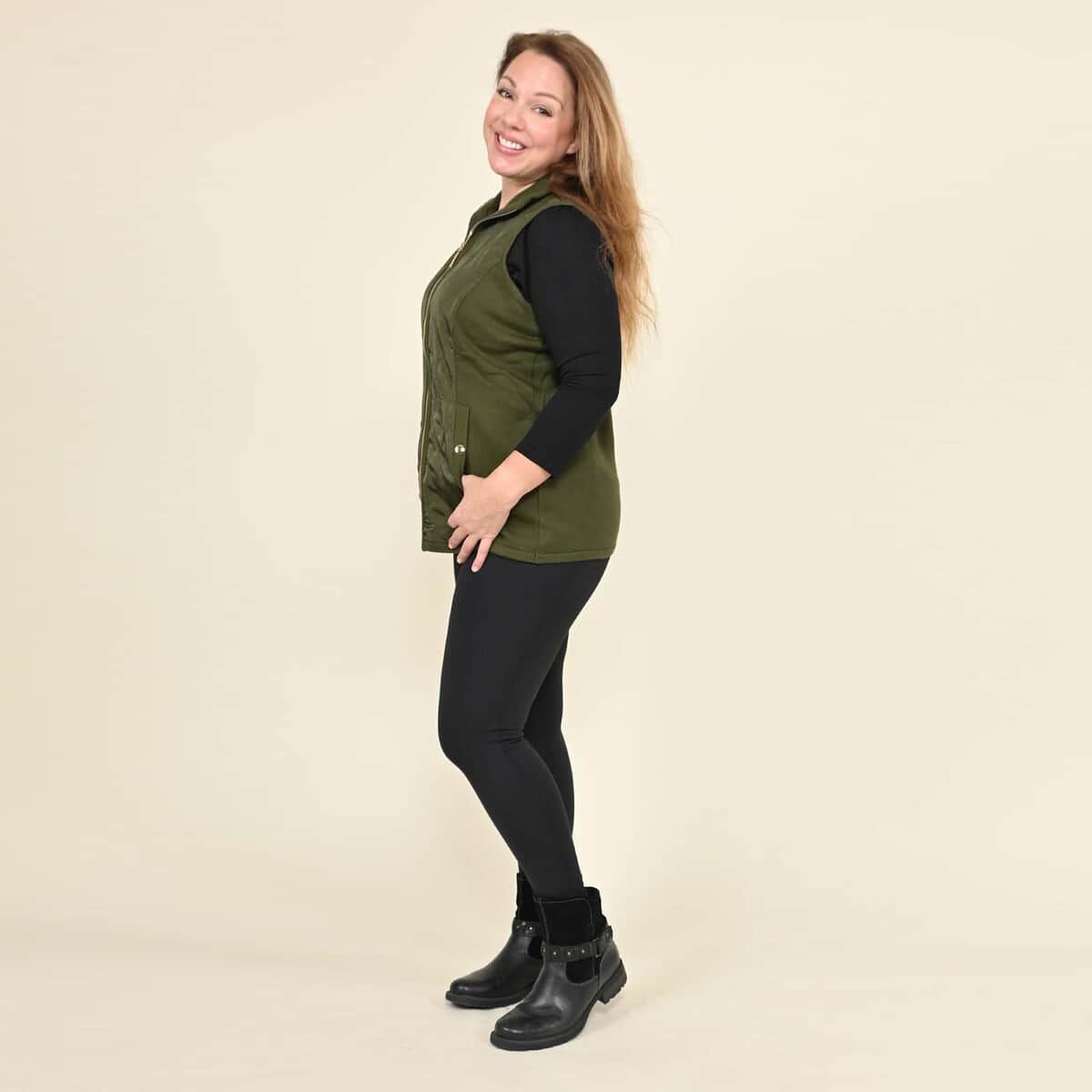 TAMSY Olive Quilted Knit Zip Front Vest - XXS image number 2