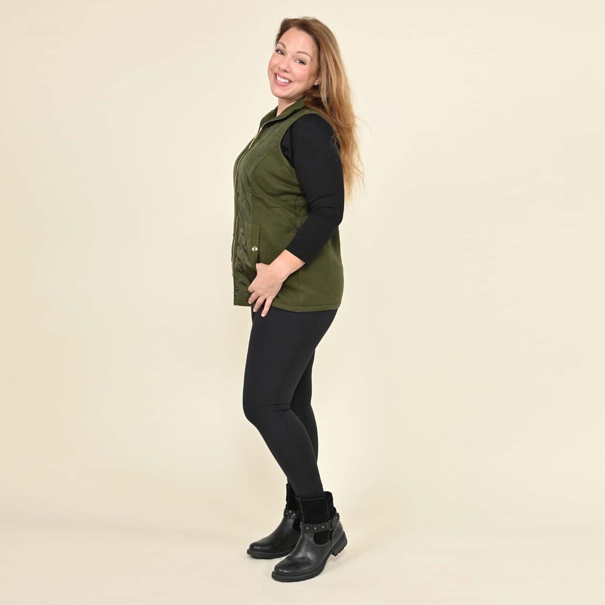Tamsy Olive Quilted Knit Zip Front Vest - XL image number 2
