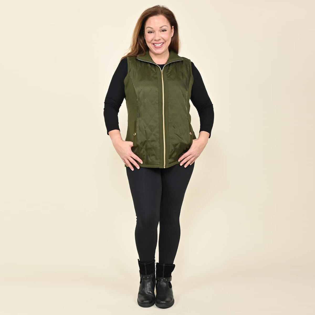 Tamsy Olive Quilted Knit Zip Front Vest - 2X image number 0