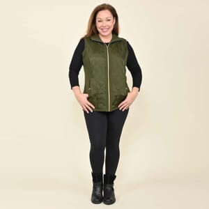 Tamsy Olive Quilted Knit Zip Front Vest - 2X