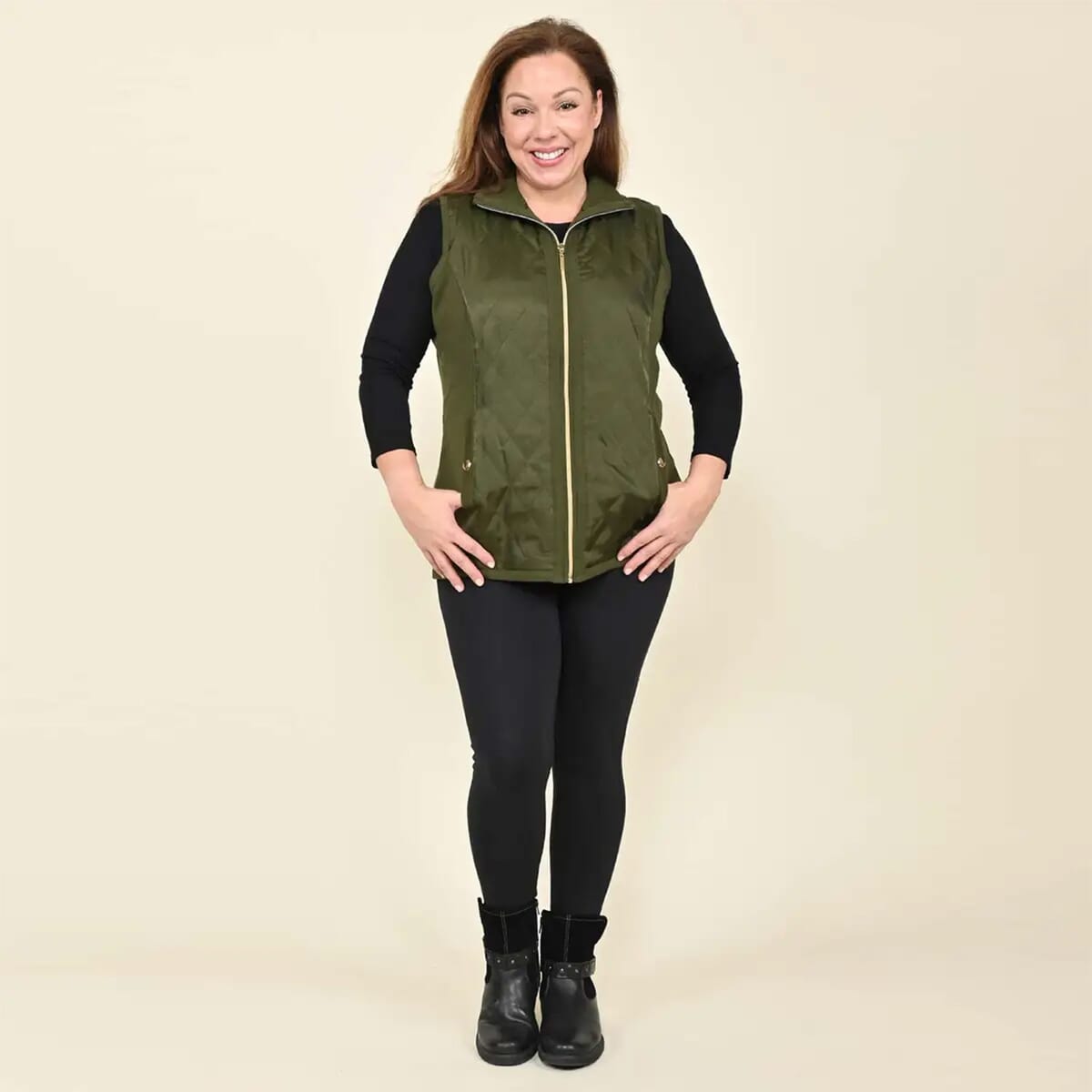 Tamsy Olive Quilted Knit Zip Front Vest - 3X image number 0