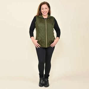 Tamsy Olive Quilted Knit Zip Front Vest - 3X