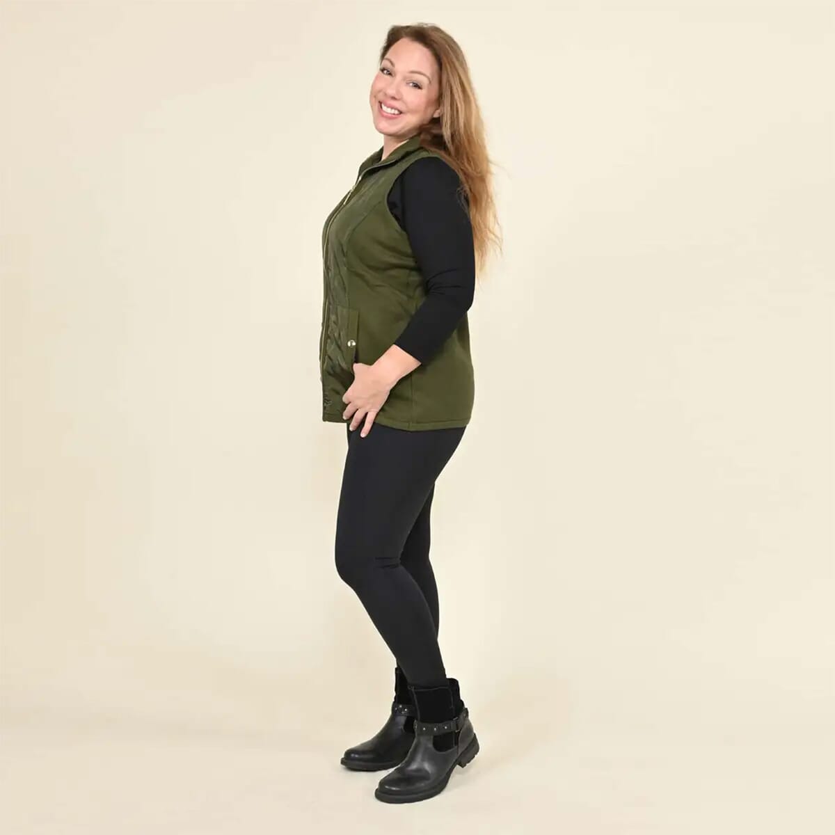Tamsy Olive Quilted Knit Zip Front Vest - 3X image number 2