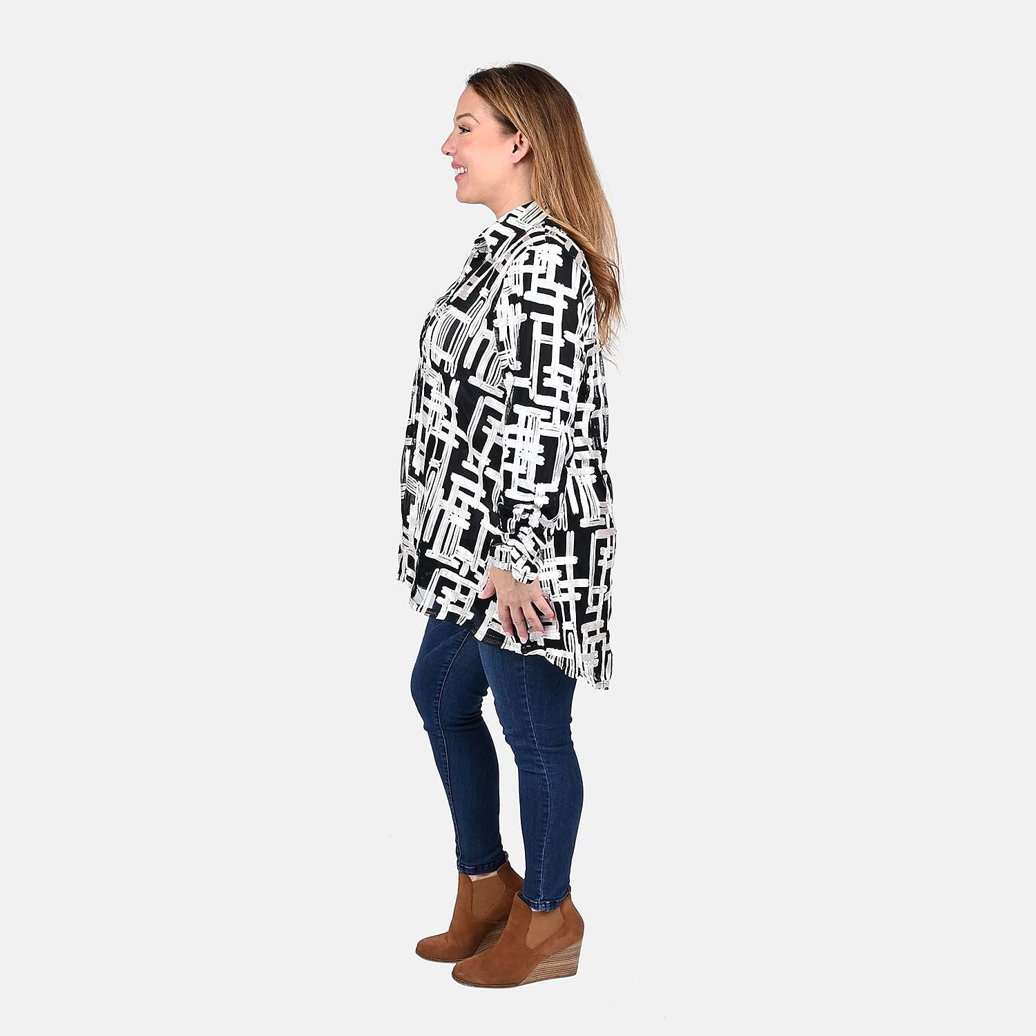 Tamsy Black and White Sutache Oversized Mesh Shirt - S