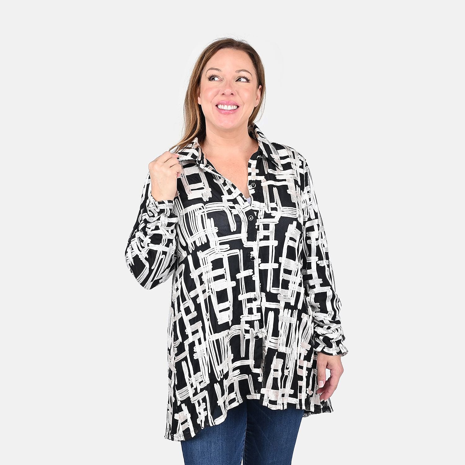 Tamsy Black and White Sutache Oversized Mesh Shirt - S