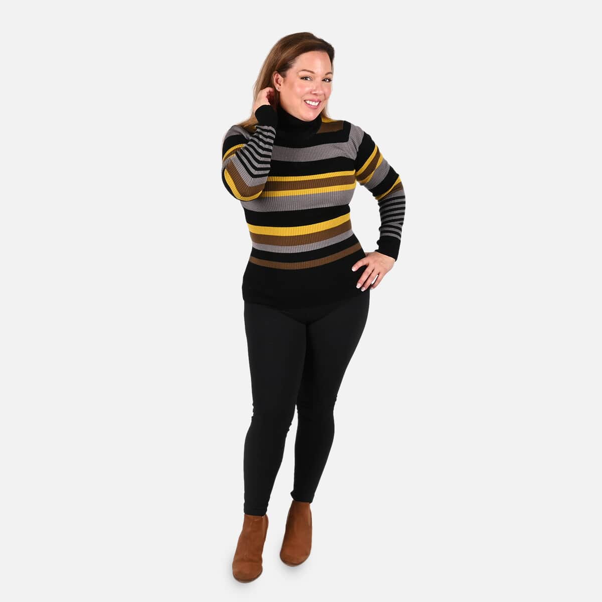 TAMSY Yellow and Black Stripped Rib Knit Turtleneck - XS image number 0