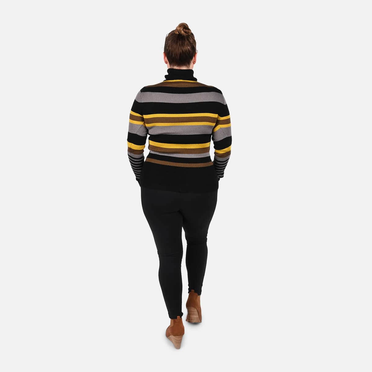 Tamsy Yellow and Black Striped Rib Knit Turtleneck Sweater - XS image number 1