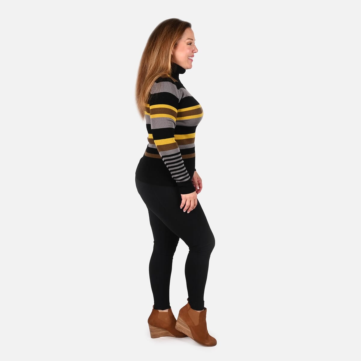 Tamsy Yellow and Black Striped Rib Knit Turtleneck Sweater - S image number 2