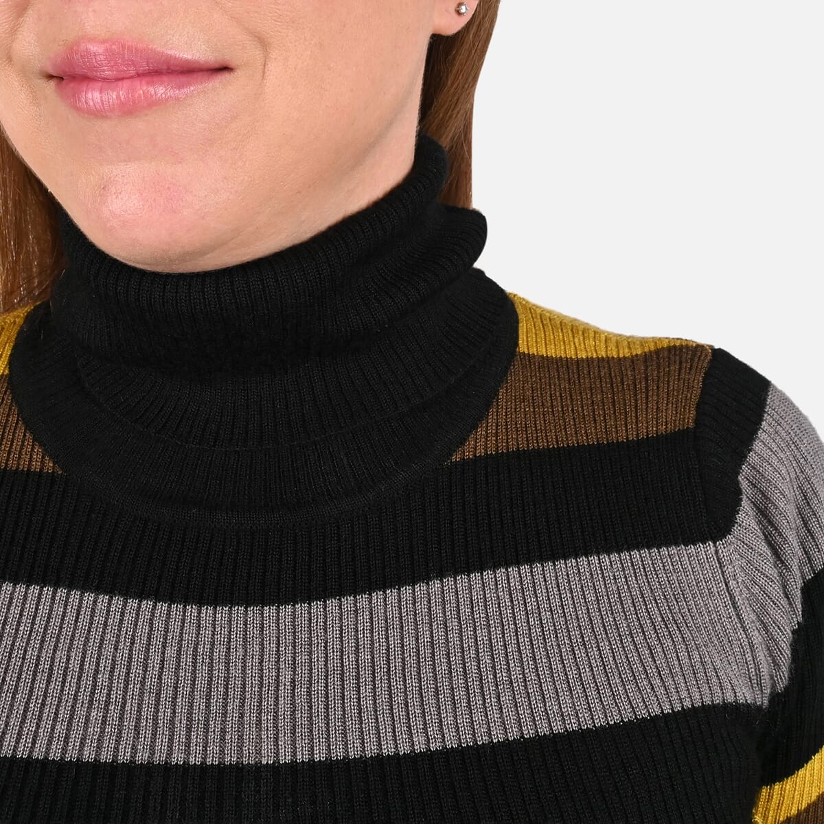 Tamsy Yellow and Black Striped Rib Knit Turtleneck Sweater - M image number 3