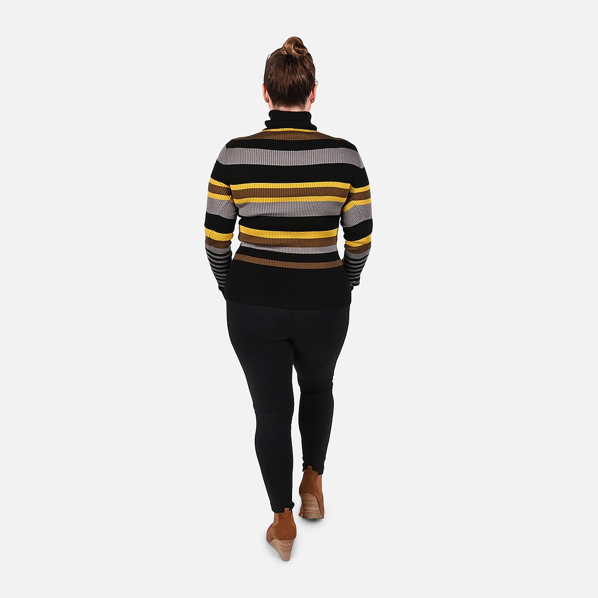 Tamsy Yellow and Black Striped Rib Knit Turtleneck Sweater - L image number 1