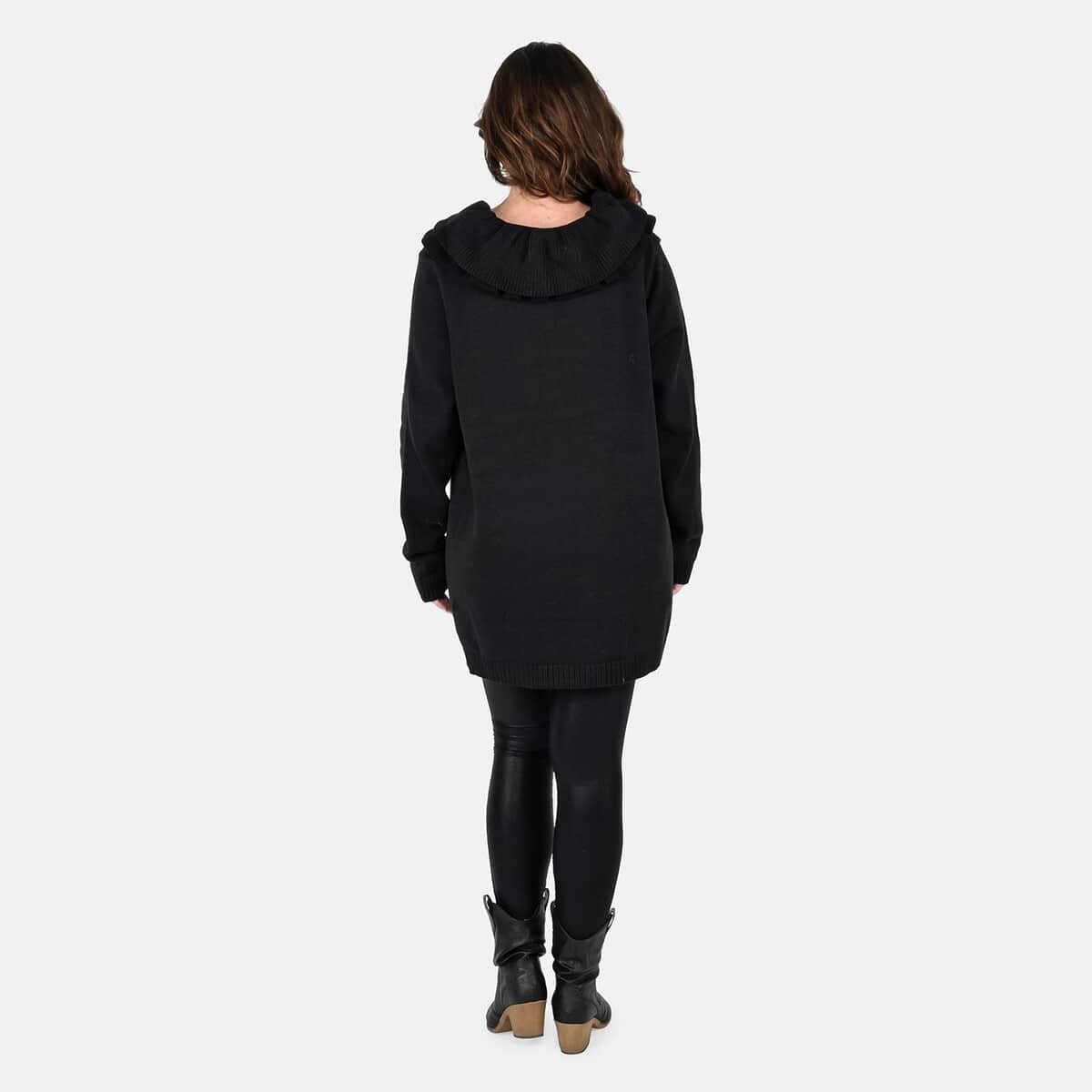 Tamsy Black Heavy Knit Cardigan with Frill Neck - XS image number 1