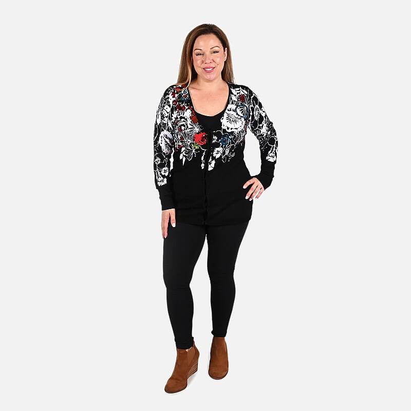 Tamsy Multi Color Floral Cardigan with Crystal Buttons - S