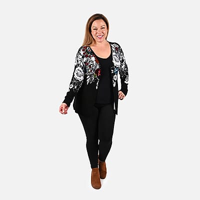 Tamsy Multi Color Floral Cardigan with Crystal Buttons - S
