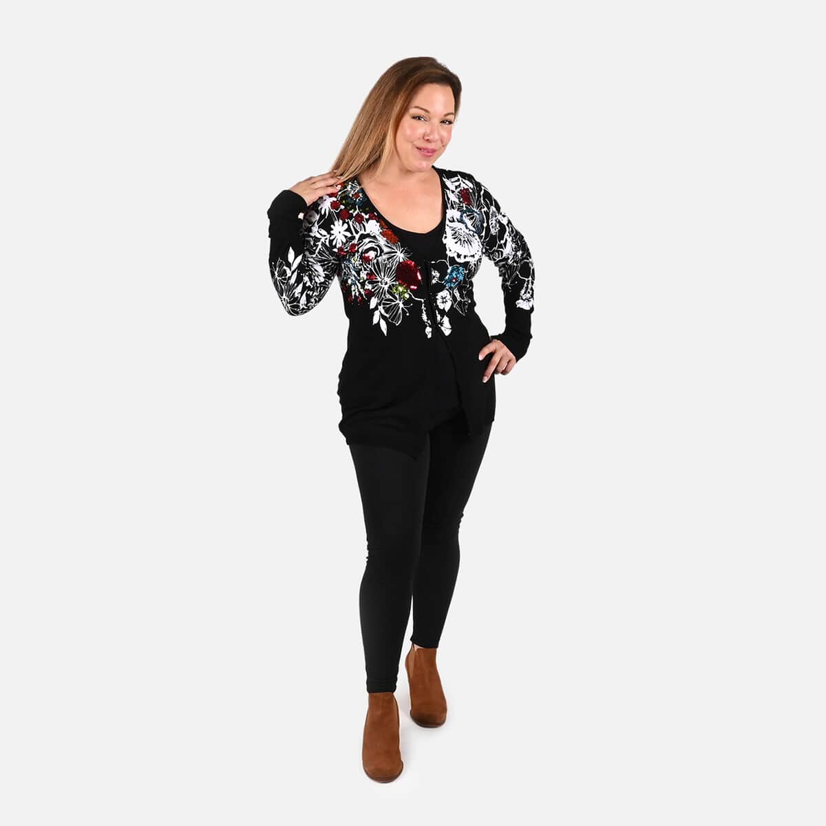 Tamsy Multi Color Floral Cardigan with Crystal Buttons - XL image number 3