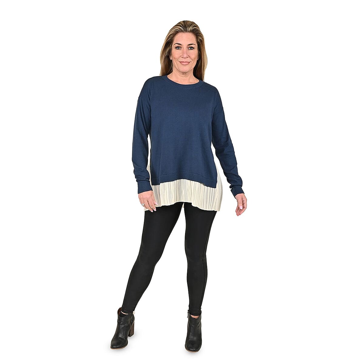 Tamsy Navy Knit and Chiffon Layered Sweater - XXS image number 0