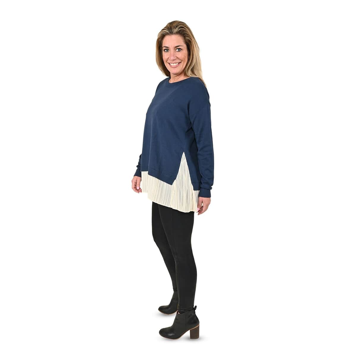 Tamsy Navy Knit and Chiffon Layered Sweater - XS image number 2