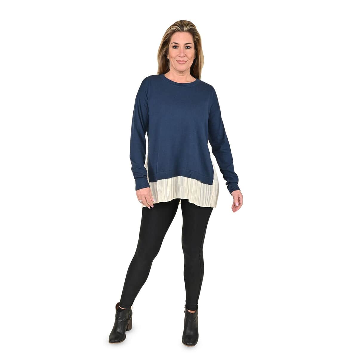 Tamsy Navy Knit and Chiffon Layered Sweater - XL image number 0