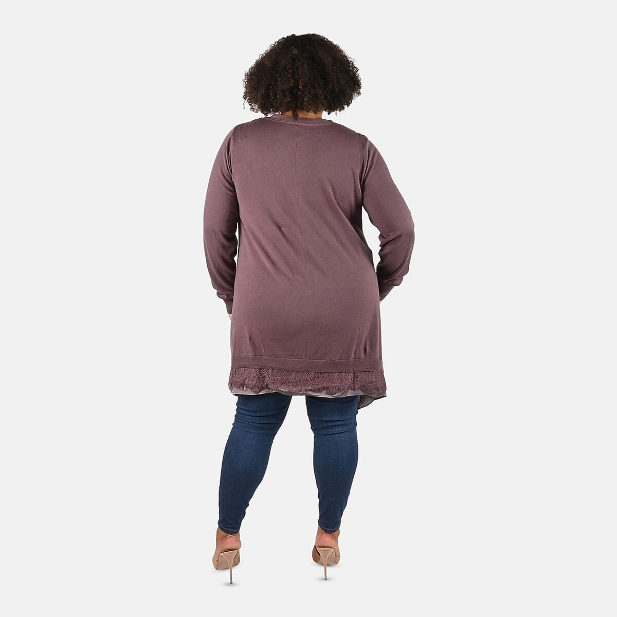 Tamsy Brown Button Down Cardigan with Lace Trim - Small image number 1