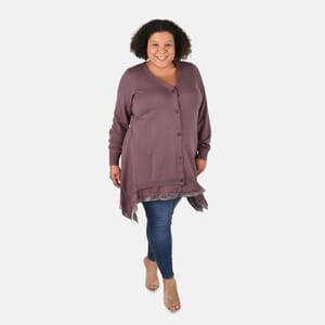 Tamsy Brown Button Down Cardigan with Lace Trim - 1X