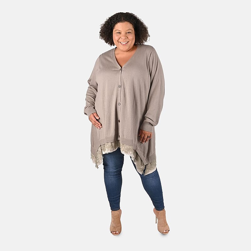Tamsy Beige Button Down Cardigan with Lace Trim - 3X