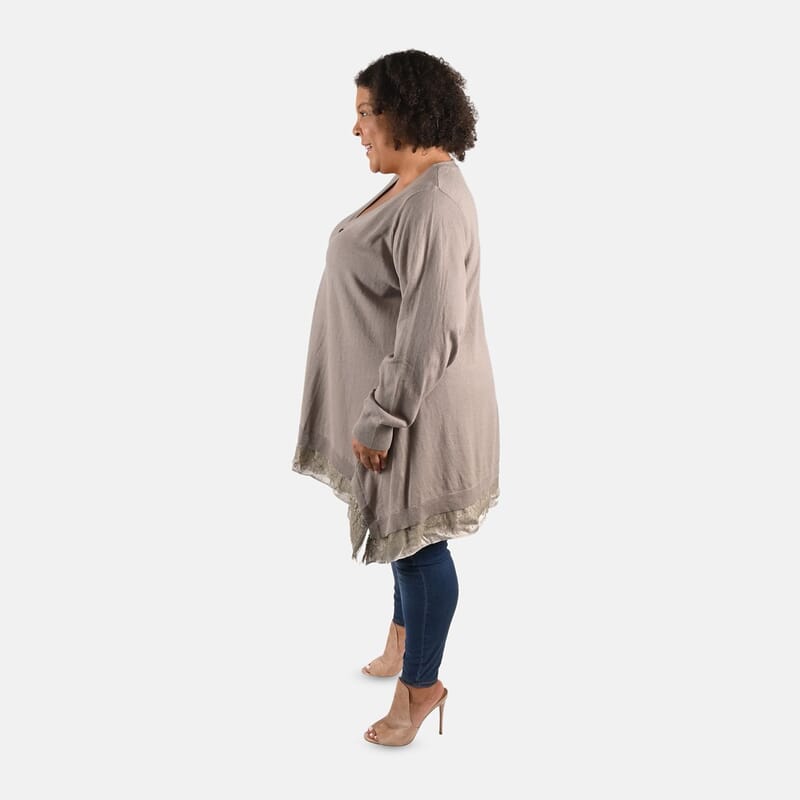 Tamsy Beige Button Down Cardigan with Lace Trim - 3X