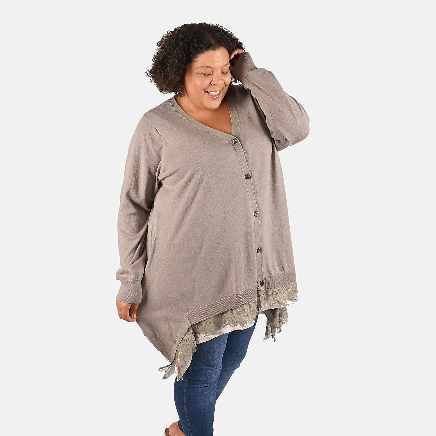 Tamsy Beige Button Down Cardigan with Lace Trim - 3X