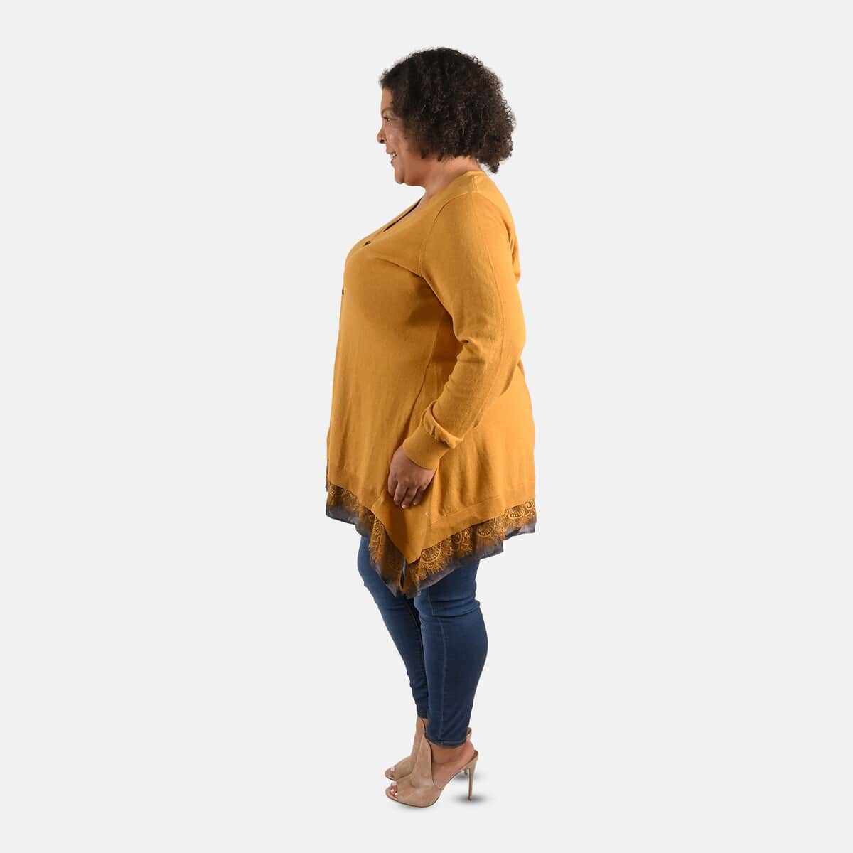 Tamsy Yellow Button Down Cardigan with Lace Trim - 1X image number 2