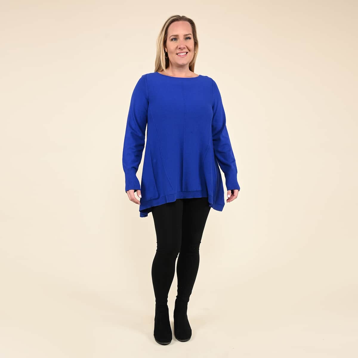 Tamsy Blue Long Sleeves with Ribbed Cuffs, Crew Neck Tunic Sweater - XL image number 0
