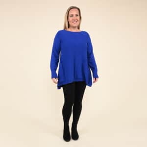 Tamsy Blue Long Sleeves with Ribbed Cuffs, Crew Neck Tunic Sweater - XL