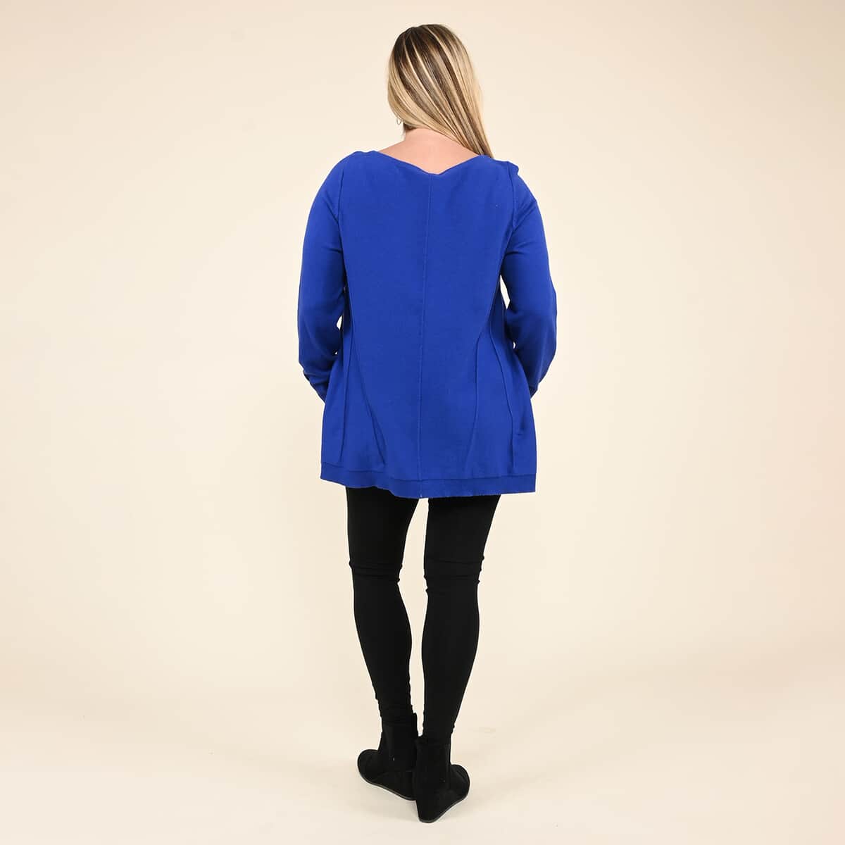 Tamsy Blue Long Sleeves with Ribbed Cuffs, Crew Neck Tunic Sweater - XL image number 1