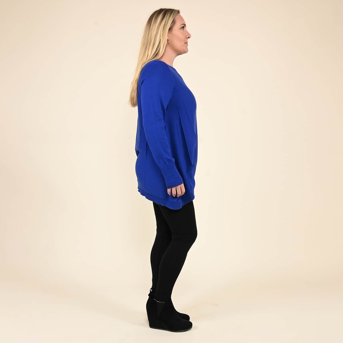 Tamsy Blue Long Sleeves with Ribbed Cuffs, Crew Neck Tunic Sweater - XL image number 2