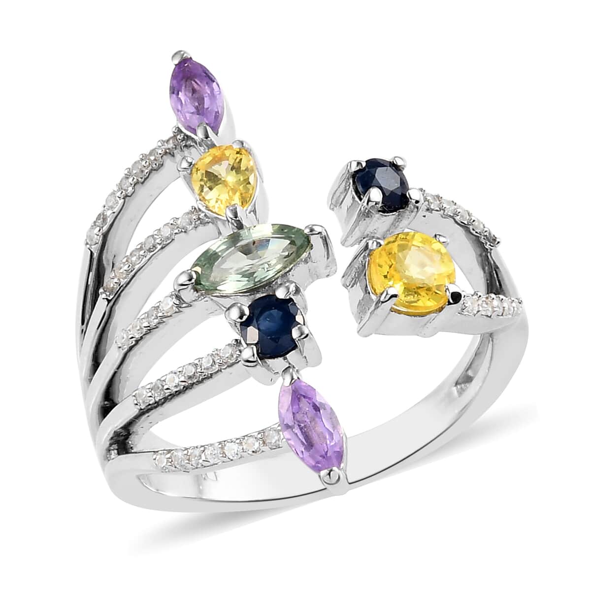 Multi Sapphire and Zircon Ring in Platinum Over Sterling Silver (Size 7.0) 1.70 ctw image number 0