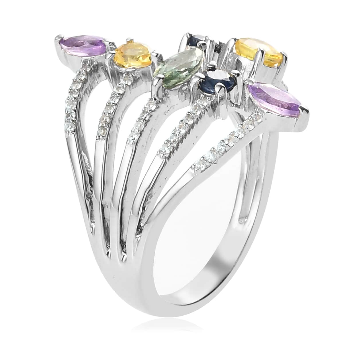 Multi Sapphire and Zircon Ring in Platinum Over Sterling Silver (Size 7.0) 1.70 ctw image number 3