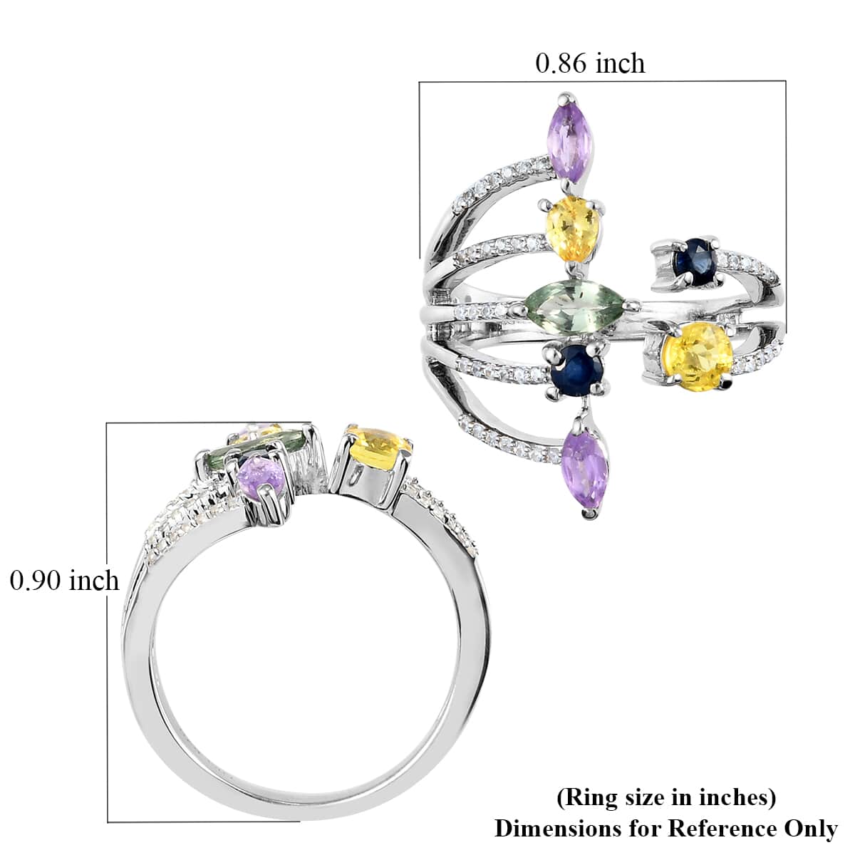 Multi Sapphire and Zircon Ring in Platinum Over Sterling Silver (Size 7.0) 1.70 ctw image number 5